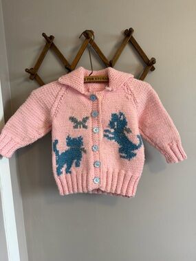 Vintage Hand Knit Pink Cat Butterfly Cardigan Sweater Size 4/5 use measurements